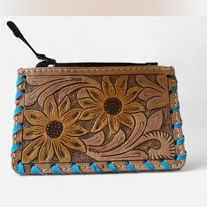 Artisan Brown and Blue Floral Hand Crafts and Embossed Coin Clutch